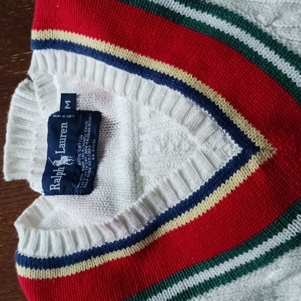 Ralph Lauren White V-Neck Sweater with Red, Green & Navy Trim